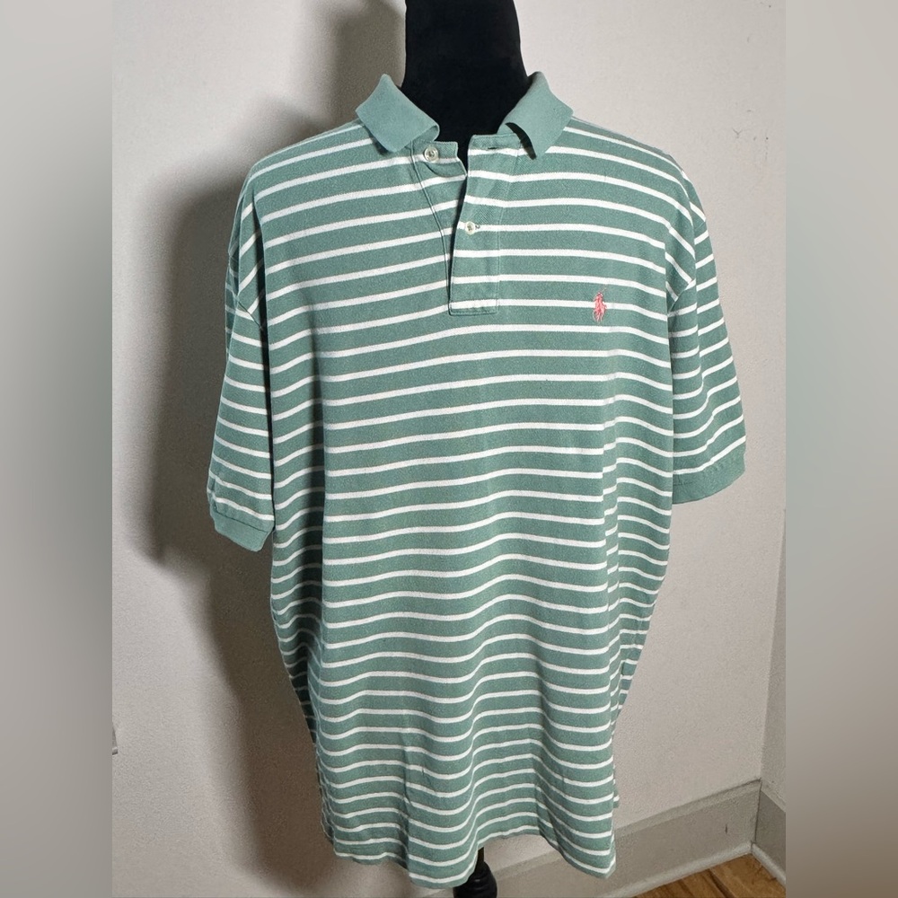 Polo by‎ Ralph Lauren Mint Green and White Striped pique Polo Sz XL